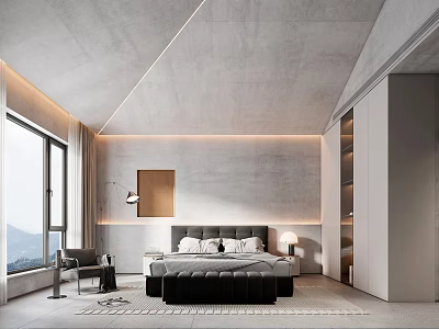 Modern Bedroom Interior With Concrete Walls Large Windows King Size Bed And Wardrobe 3d model
