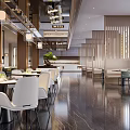 Elegant Modern Restaurant Interior With Dining Tables Chairs Pendant Lights And Marble Flooring