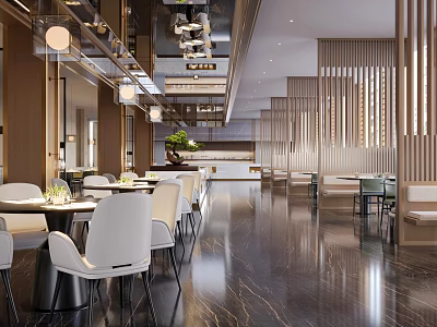 Elegant Modern Restaurant Interior With Dining Tables Chairs Pendant Lights And Marble Flooring 3d model