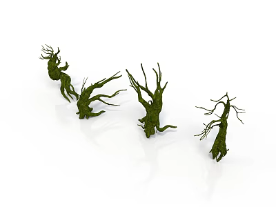 Unique Shaped Withered Trees With Green Moss On White Background 3d model