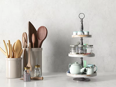 Modern Kitchen Storage Solutions With Wooden Spoons Knives Tiered Stand Jars Teapot And Mugs 3d model