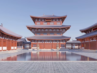 Ancient Chinese Architecture Featuring Three Story Pavilion Red Wooden Structure Gray Tiles And Front Pool 3d model