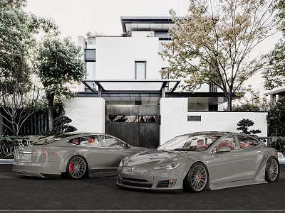 Modern Detached Villa with Two Gray Tesla Cars Front and Trees White Walls Black Gate 3d model