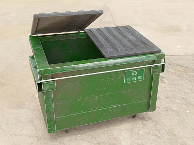 Green Metal Trash Bin With Open Lid And RM 03 Label On Concrete Ground 3d model