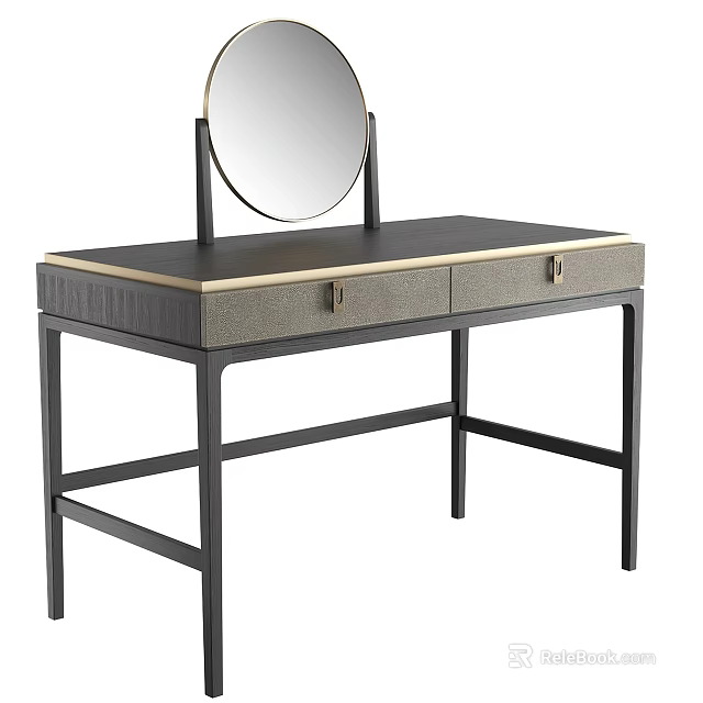 Modern Black and Gold Dressing Table with Round Mirror Two Drawers and Metal Frame 3d model 