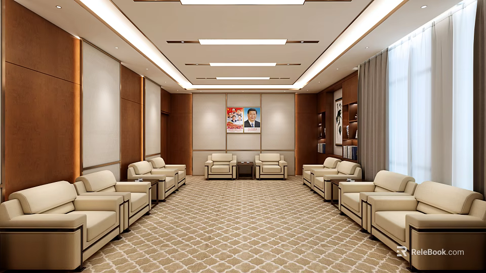 Hotel Public Lounge Area With Beige Sofas Symmetrical Layout Decorative Painting And Geometric Carpet 3d model 