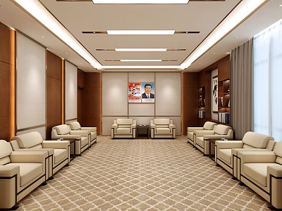 Hotel Public Lounge Area With Beige Sofas Symmetrical Layout Decorative Painting And Geometric Carpet 3d model