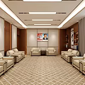 Hotel Public Lounge Area With Beige Sofas Symmetrical Layout Decorative Painting And Geometric Carpet