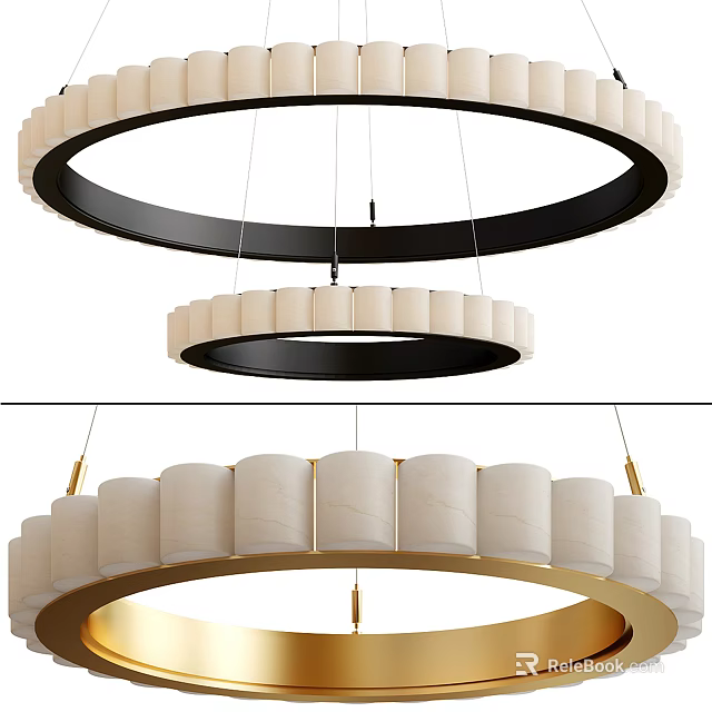 Modern Circular Chandelier Featuring White Fabric Shades and Black Gold Metal Frame 3d model 