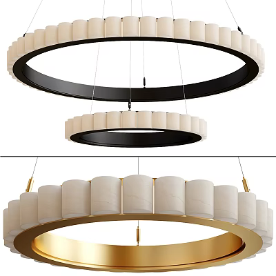Modern Circular Chandelier Featuring White Fabric Shades and Black Gold Metal Frame 3d model