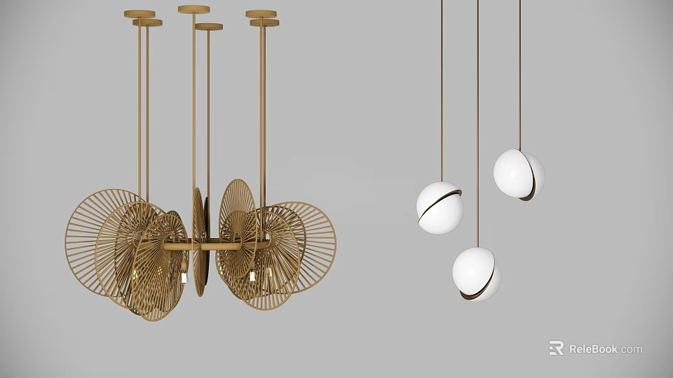 Modern Chandeliers With Golden Geometric Frames And White Spherical Lamps for Interior Design 3d model 