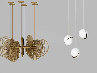 Modern Chandeliers With Golden Geometric Frames And White Spherical Lamps for Interior Design 3d model