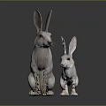 Two Long Eared Light Colored Rabbits Adult And Baby On Dark Shiny Surface