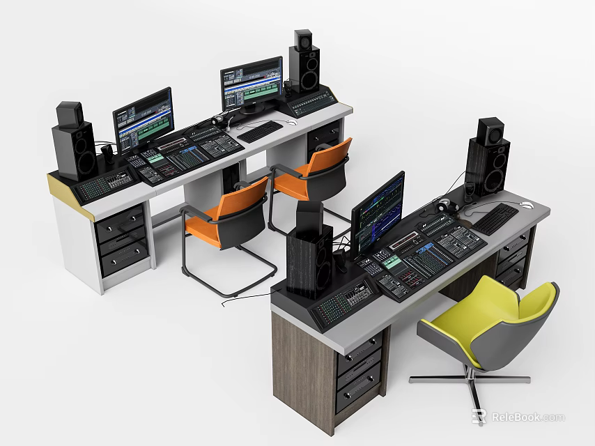 Professional Audio Speakers On Dual Workstations With Mixing Consoles And Monitors 3d model 
