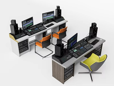 Professional Audio Speakers On Dual Workstations With Mixing Consoles And Monitors 3d model