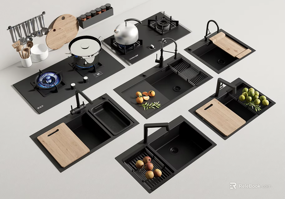 Modern Kitchen Sinks With Various Designs And Wooden Cutting Boards Holding Fresh Fruits 3d model 