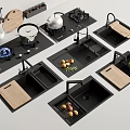 Modern Kitchen Sinks With Various Designs And Wooden Cutting Boards Holding Fresh Fruits