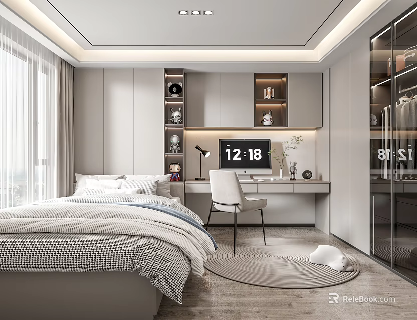 Modern Tatami Bedroom Interior Design With Bed Desk Chair Glass Wardrobe And Storage Shelves 3d model 