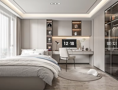 Modern Tatami Bedroom Interior Design With Bed Desk Chair Glass Wardrobe And Storage Shelves 3d model