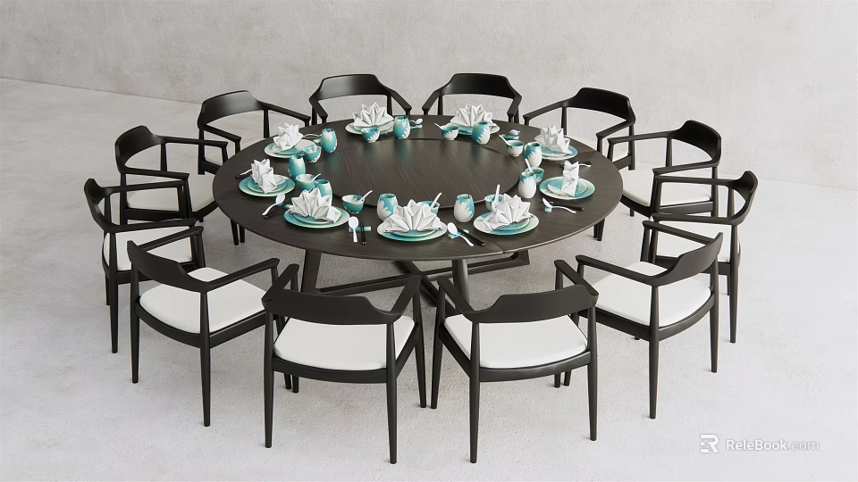 Elegant Round Dining Table Set With Black Chairs White Cushions And Tableware 3d model