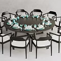Elegant Round Dining Table Set With Black Chairs White Cushions And Tableware 3d model