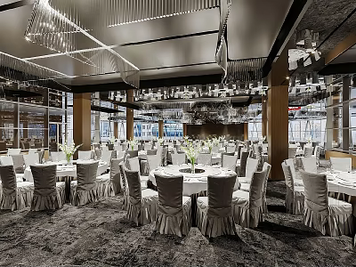 Luxurious Banquet Hall Interior With Round Tables White Tablecloths And Crystal Chandeliers 3d model