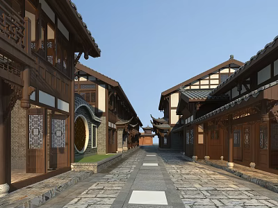 Traditional Chinese Commercial Street With Ancient Architecture Stone Paved Path And Decorative Wooden Windows 3d model