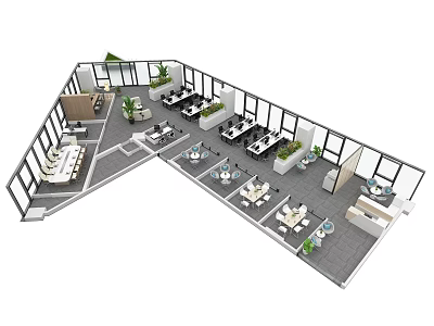 Modern Public Office Area With Open Layout Work Desks Green Plants And Sofa Seating 3d model