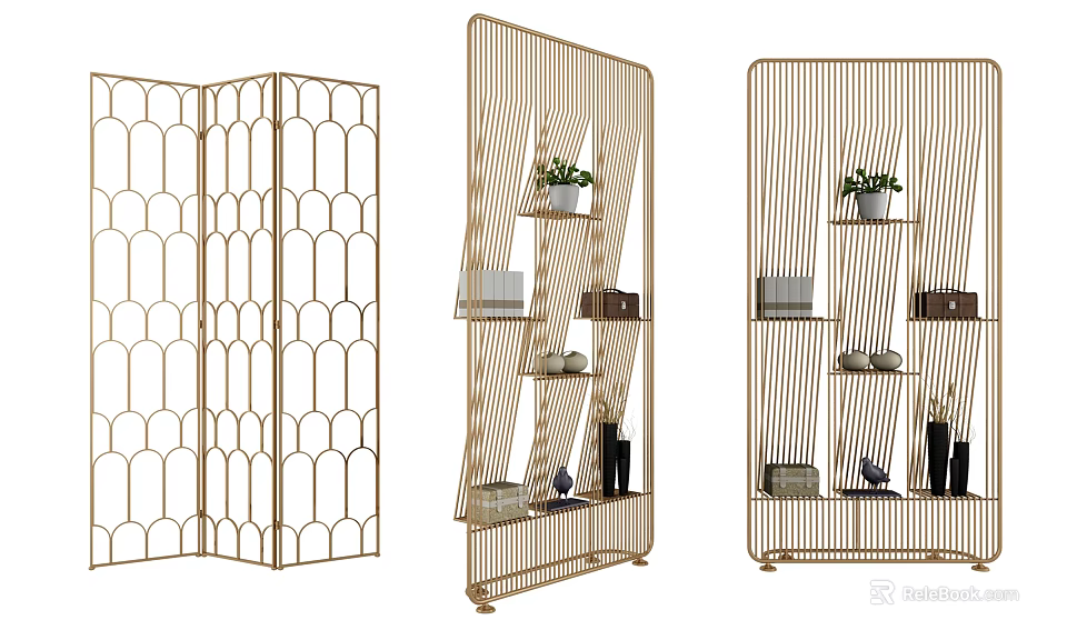 Modern Metal Frame Room Dividers With Geometric Design And Decorative Shelves 3d model 