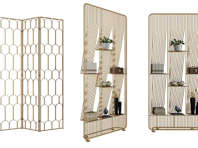 Modern Metal Frame Room Dividers With Geometric Design And Decorative Shelves 3d model