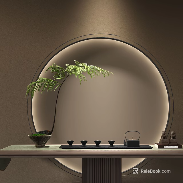 Chinese Style Tea Set Teapot Cups on Tabletop with Circular Arch and Green Plant 3d model 