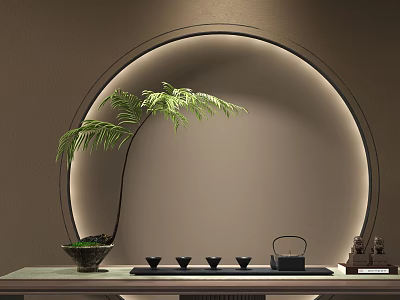 Chinese Style Tea Set Teapot Cups on Tabletop with Circular Arch and Green Plant 3d model