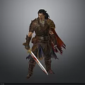 Medieval Warrior Man in Brown Leather Armor with Red Cape Holding Swords
