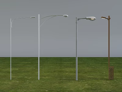 Various Designed Outdoor Lights With Silver White Brown Poles Standing On Green Grass 3d model