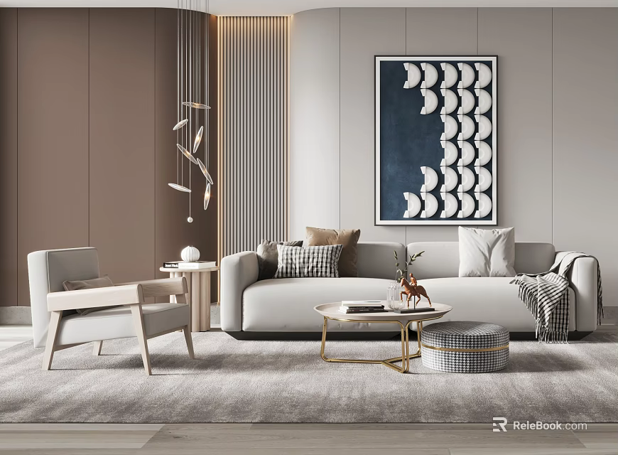 Modern Elegant Sofa Coffee Table Combination With Pillows Wall Art And Area Rug 3d model
