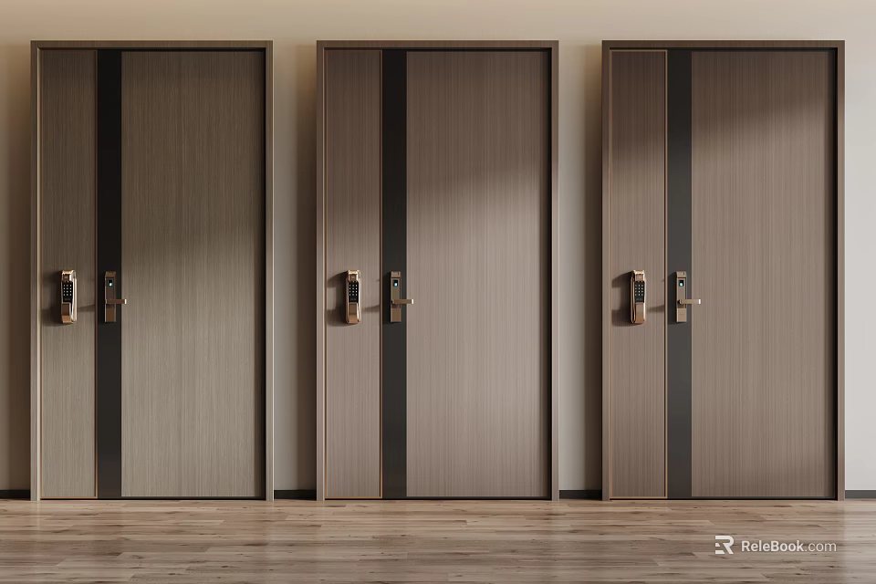 Modern Security Doors In Contemporary Design With Wood Texture And Metal Handles 3d model 