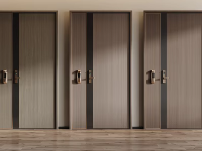 Modern Security Doors In Contemporary Design With Wood Texture And Metal Handles 3d model