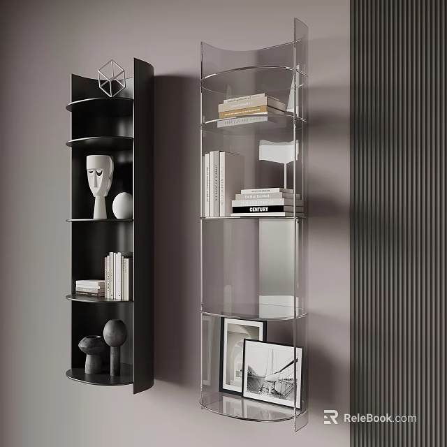 Modern Bookshelves with Black and Glass Design Featuring Books Sculptures and Photo Frames 3d model 