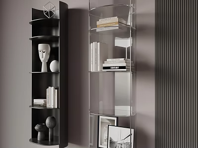Modern Bookshelves with Black and Glass Design Featuring Books Sculptures and Photo Frames 3d model