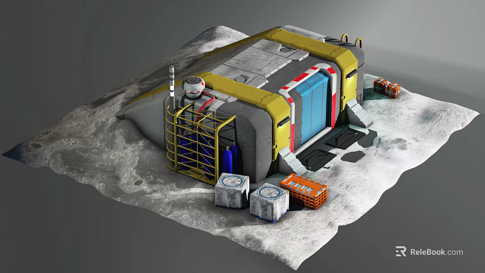 Lunar Base Module With Yellow Gray Structure On Lunar Surface And Equipment Containers 3d model