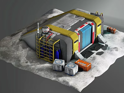 Lunar Base Module With Yellow Gray Structure On Lunar Surface And Equipment Containers 3d model