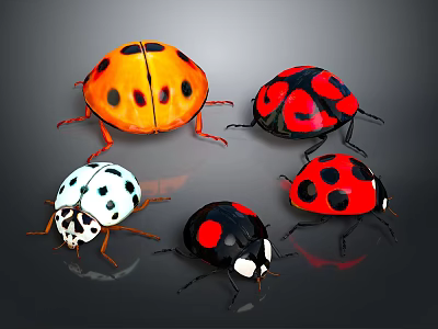 Colorful Ladybugs With Different Spots And Vibrant Shells On Dark Background 3d model
