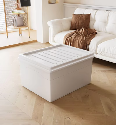 White Storage Cabinet in Modern Living Room with Sofa and Wooden Floor 3d model