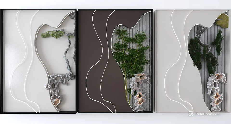 Modern Wall Decor With Curved Lines Green Plants And Rock Ornaments 3d model 
