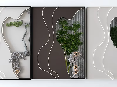 Modern Wall Decor With Curved Lines Green Plants And Rock Ornaments 3d model