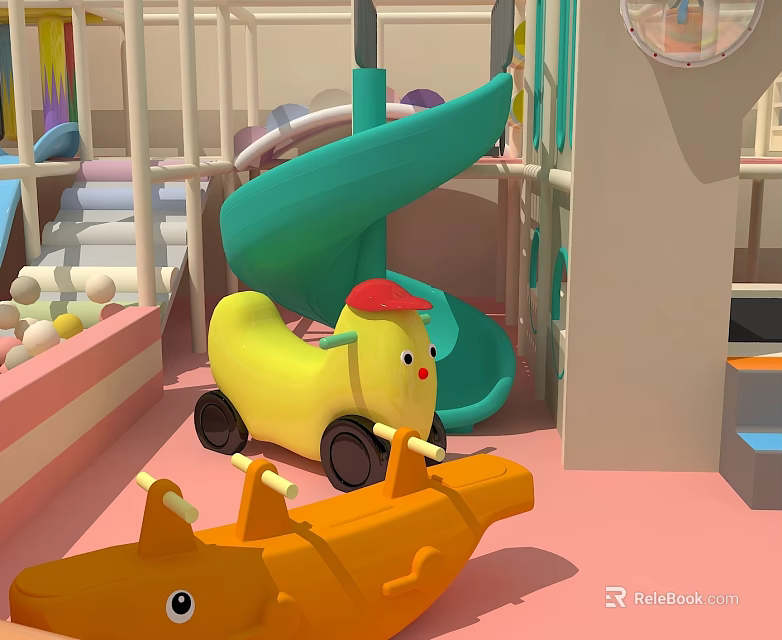 Indoor Children's Play Equipment With Green Slide Yellow Rocking Ride And Orange Boat Toy 3d model 