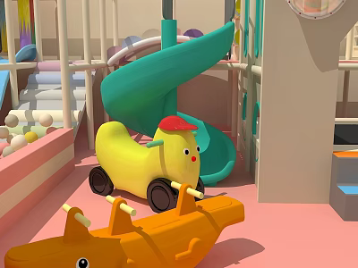 Indoor Children's Play Equipment With Green Slide Yellow Rocking Ride And Orange Boat Toy 3d model