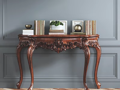 Elegant Wooden Carved Console Table With Books Potted Plant Photo Frame On Gray Wall 3d model