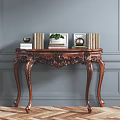 Elegant Wooden Carved Console Table With Books Potted Plant Photo Frame On Gray Wall