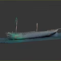Detailed Miniature Watercraft Model With Green Hull Mast And Blue Water Base